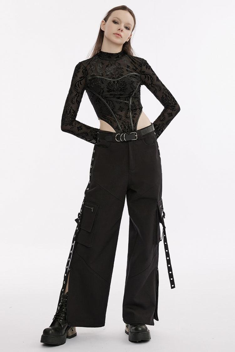 Black Imitation Leather Dividing Line Round Collar Long Sleeves Print Women's Punk Bodysuit