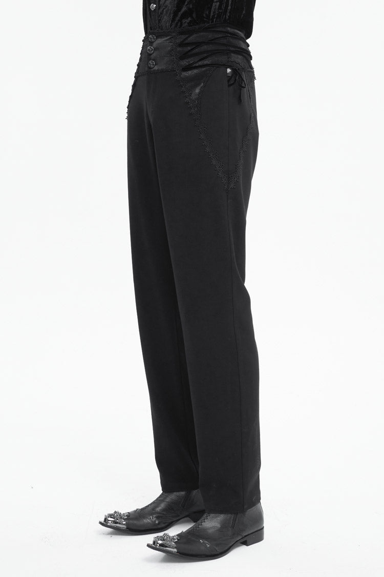 Black Lace Trim Embellished High Waisted Men's Gothic Pants