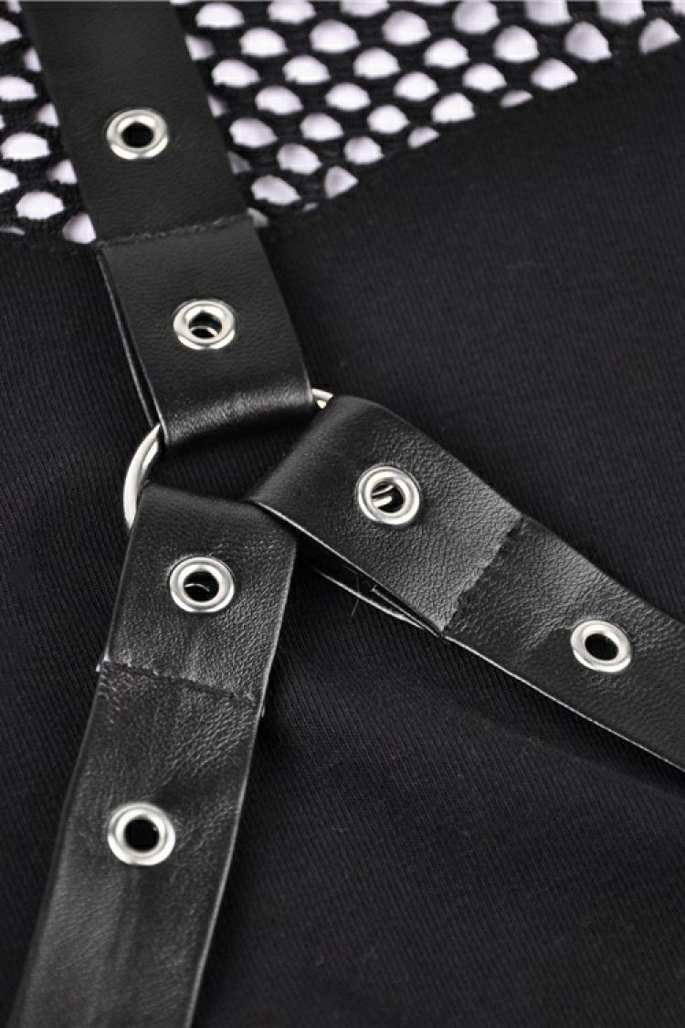 Black Off Shoulder Long Sleeves Mesh Crossed Harness Straps Eyelet Sexy Women's Punk Top