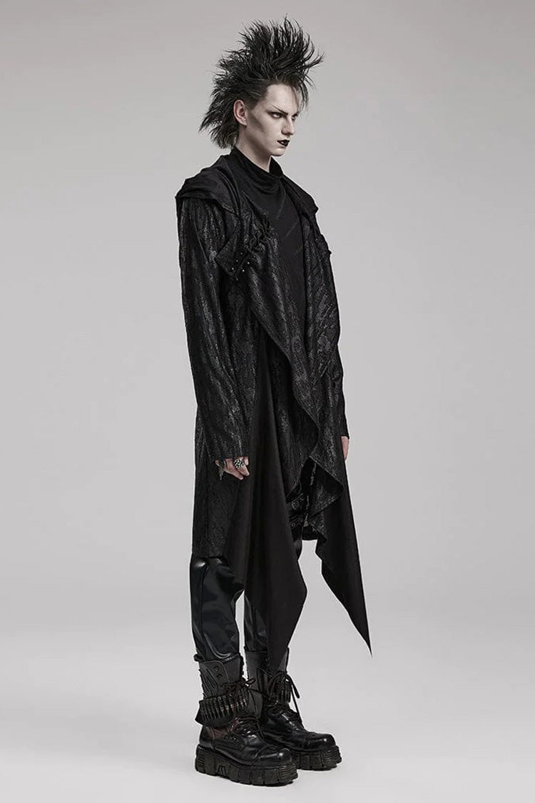 Black Long Sleeves Loose type Pleated Mens Steampunk Hooded Long Coat