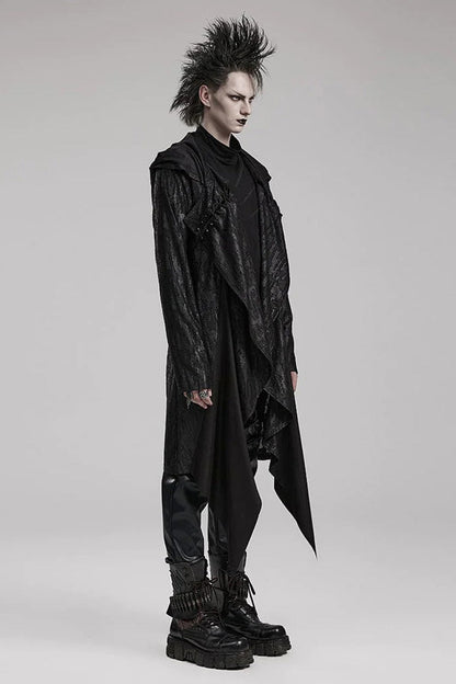 Black Long Sleeves Loose type Pleated Mens Steampunk Hooded Long Coat