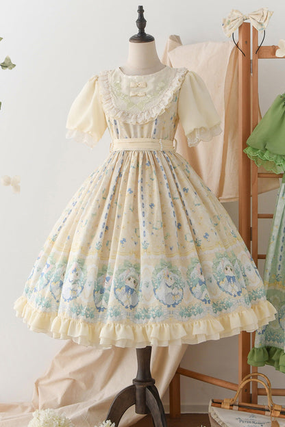 Beige [Lily of the Valley Cat] Print Ruffle Embroidery Bowknot Sweet Lolita Dress