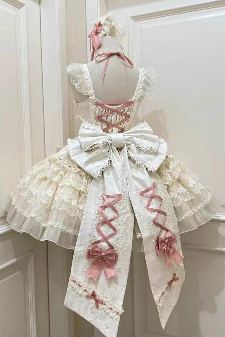 Apricot [Rose Canticle] Sleeveless Multi-Layered Bowknot Lace Lace-Up Pearl Ballet Sweet Lolita Jsk Dress