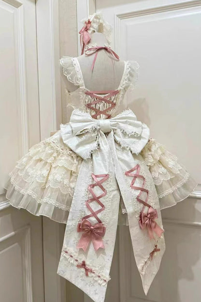 Apricot [Rose Canticle] Sleeveless Multi-Layered Bowknot Lace Lace-Up Pearl Ballet Sweet Lolita Jsk Dress