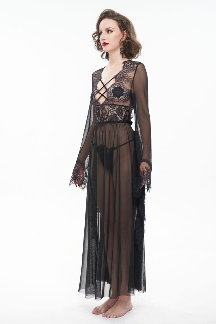 Black Perspective V-Neck Sexy Backless Lace Up Lace Flare Sleeve Women's Gothic Dress