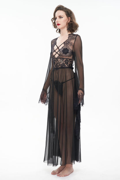 Black Perspective V-Neck Sexy Backless Lace Up Lace Flare Sleeve Women's Gothic Dress