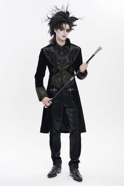Black Lapel Collar Long Sleeves Jacquard Embroidered Slim Color-Blocked Men's Gothic Jacket