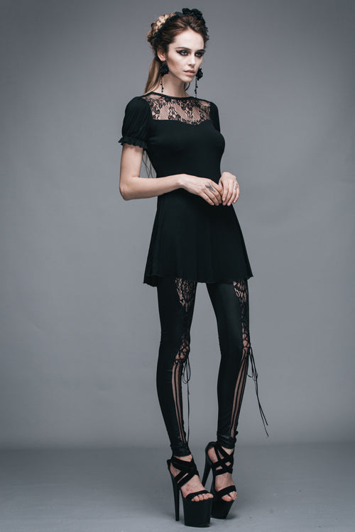 Black Patterned Lace Neck Short Sleeves Womens Mid-Length Gothic T-Shirt
