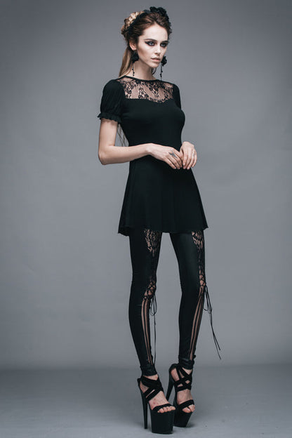 Black Patterned Lace Neck Short Sleeves Womens Mid-Length Gothic T-Shirt