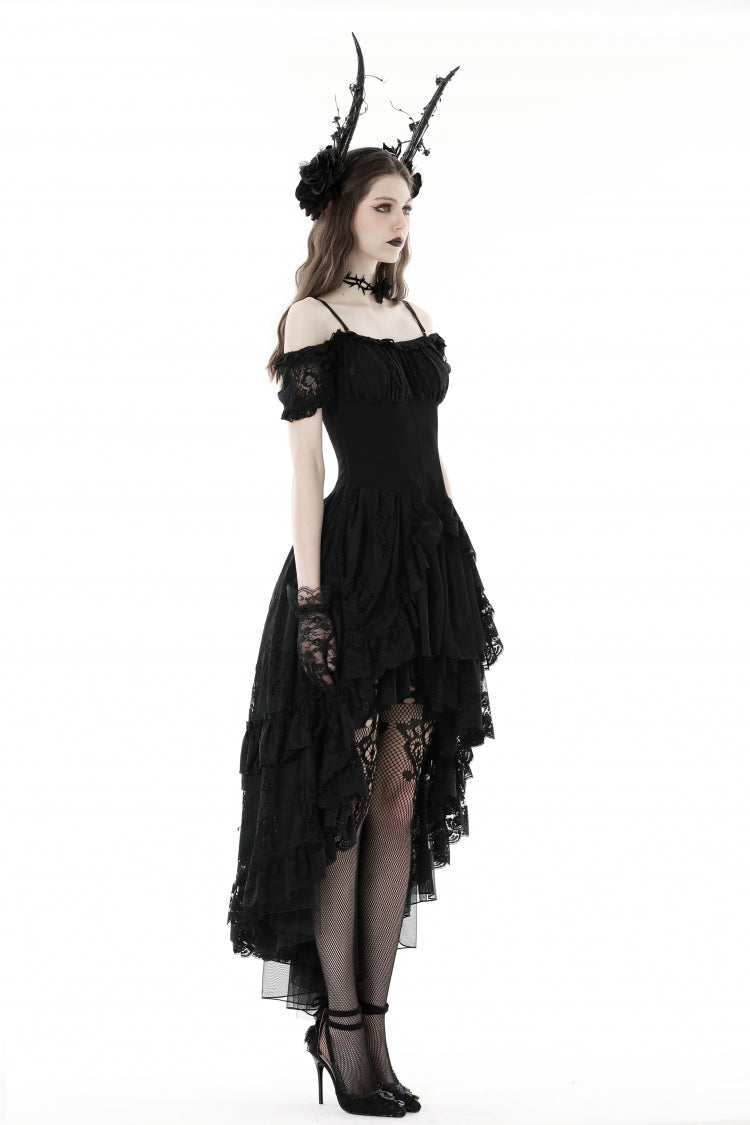 Black Boat Neck Off Shoulder Short Puff Sleeves Ruffled Lace Lace-Up Irregular Women's Gothic Dovetail Dress