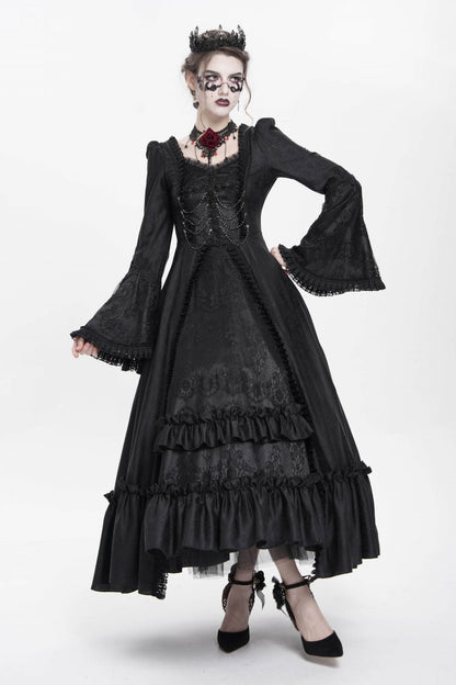 Black Long Sleeves Floral Embroidery Lace-Up Pleated Women's Gothic Dress