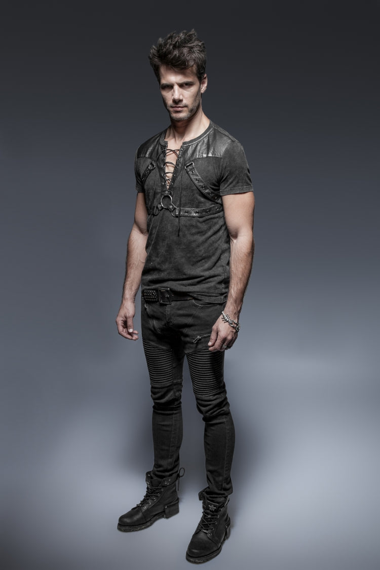 Black Lace-Up Zipper Men's Punk Blouse with Straps