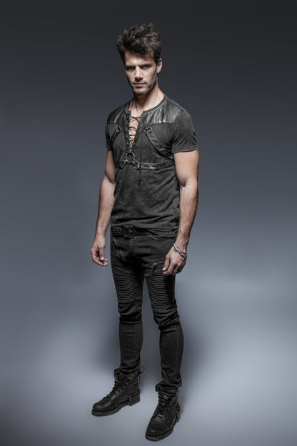 Black Lace-Up Zipper Men's Punk Blouse with Straps
