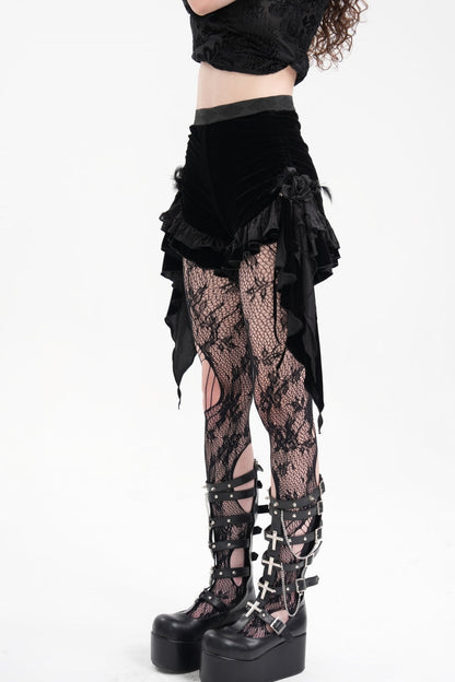 Black Plumed Ruffle Mesh Women's Gothic Shorts