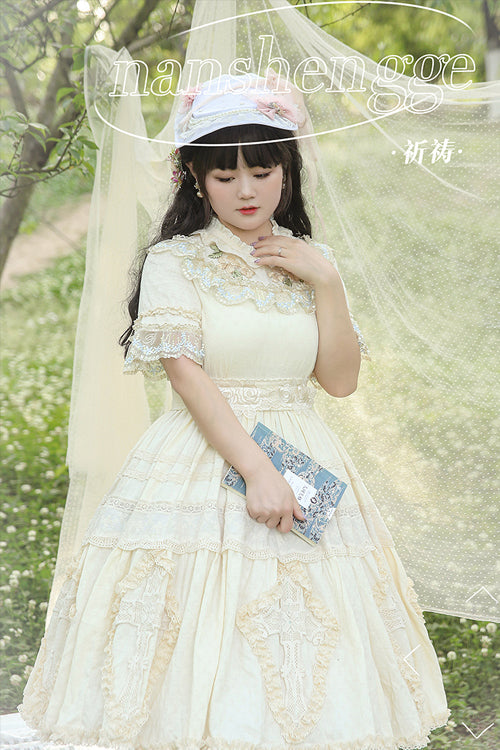 Beige Ruffled Round Collar Lace Cross Floral Embroidery Short Sleeves Plus Size Sweet Lolita OP Dress