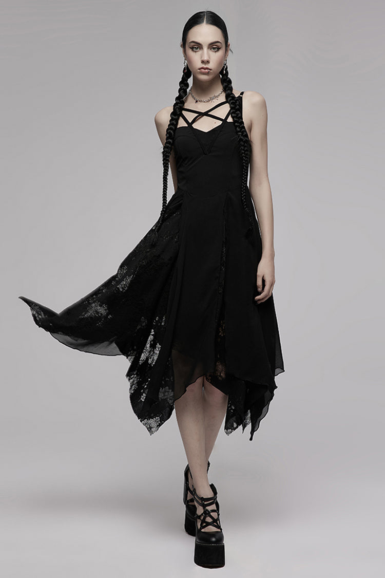 Black Double-Layer Chiffon Lace Irregular Hem Design Sling Decoration Sleeveless Women's Gothic Dress