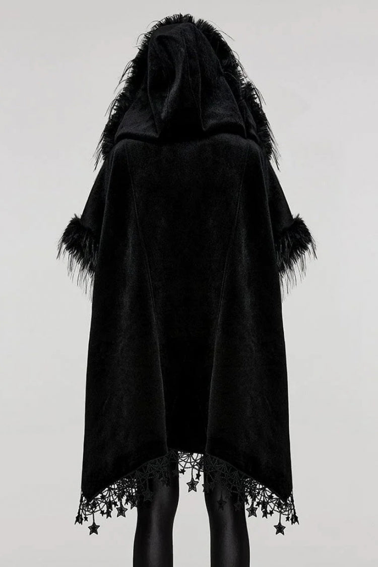 Black Bat Sleeves Tassel Faux Fur Stitching Lace Hooded Womens Gothic Elegant Cloak