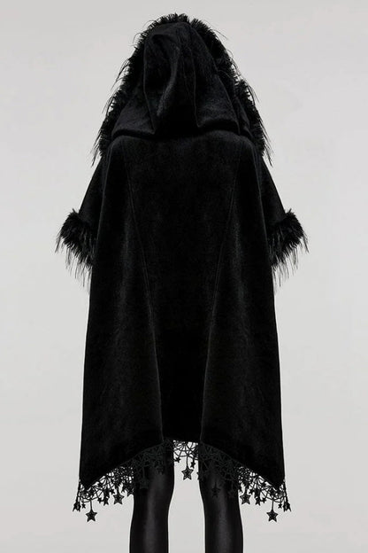 Black Bat Sleeves Tassel Faux Fur Stitching Lace Hooded Womens Gothic Elegant Cloak
