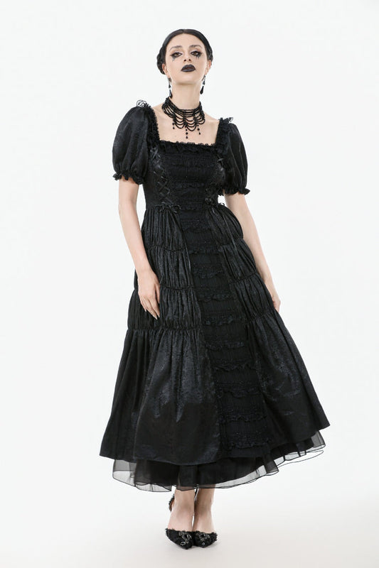 Black Lace Square Collar Short Puff Sleeves Lace-Up Ruched Women's Gothic Wedding Dress