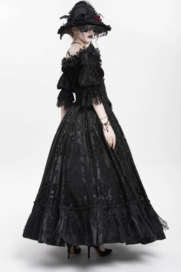 Black Jacquard Embroidery Buckle Tassels Women's Gothic Long Skirt