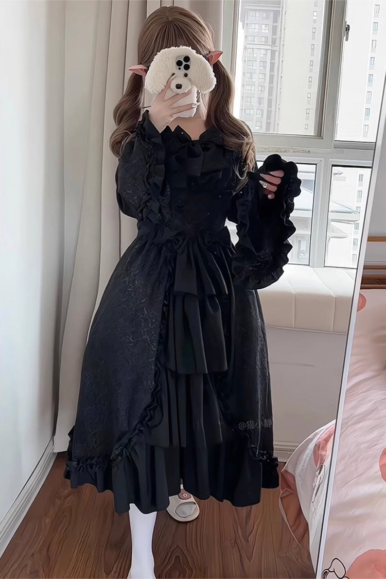 Black Long Hime Sleeves Multi-Layered Ruffle Cardigan Bowknot Gothic Plus Size Lolita Dress