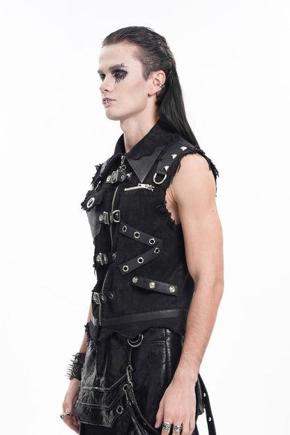 Black Lapel Collar Sleeveless Ripped Buckle Eyelets Men's Gothic Vest