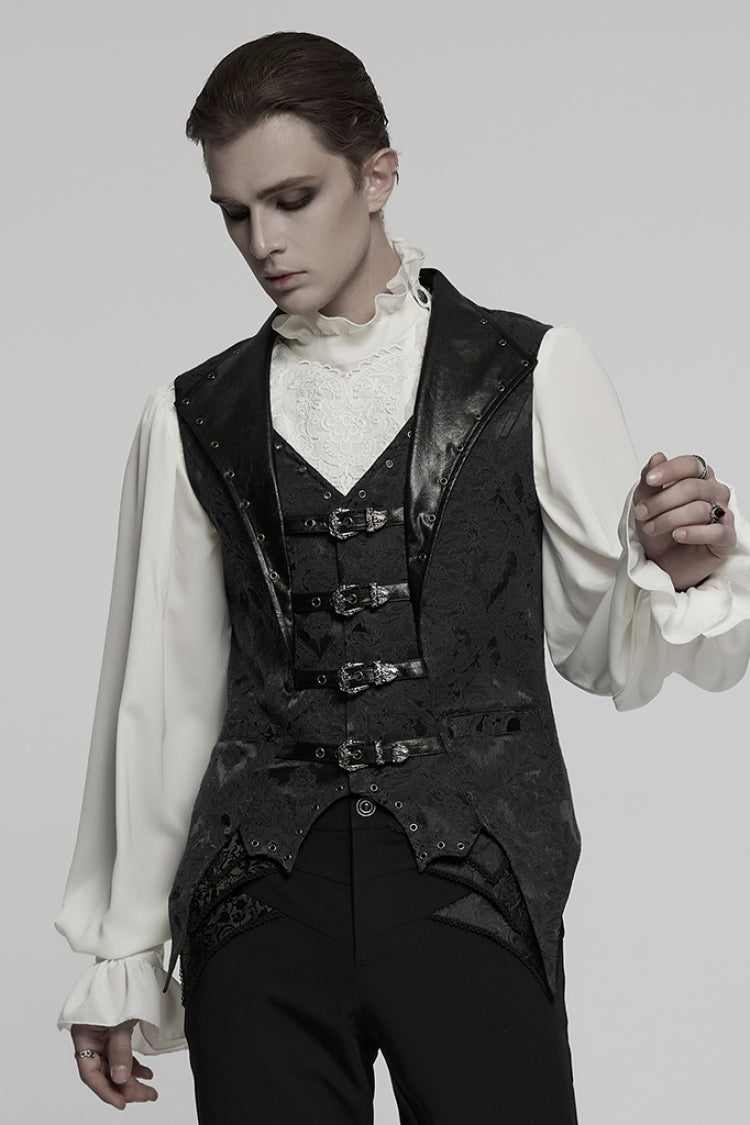 Black Lapel V-neck Sleeveless Jacquard Buckle Men's Gothic Vest