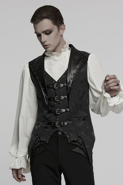 Black Lapel V-neck Sleeveless Jacquard Buckle Men's Gothic Vest