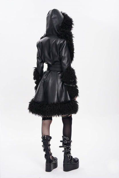Black Long Sleeves Plush Stitching Buckle Hooded Straps Women's Punk Coat