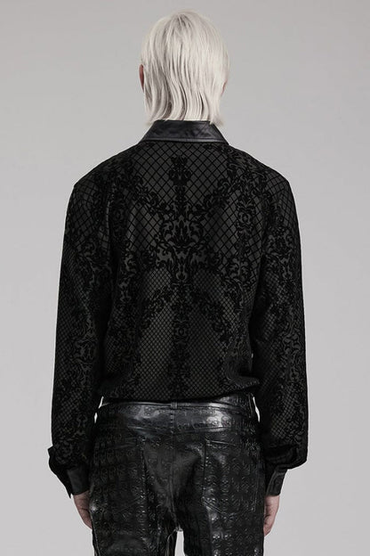 Black Floral Print Faux Leather Stitching Skull Button Decorated Mens Gothic Blouse