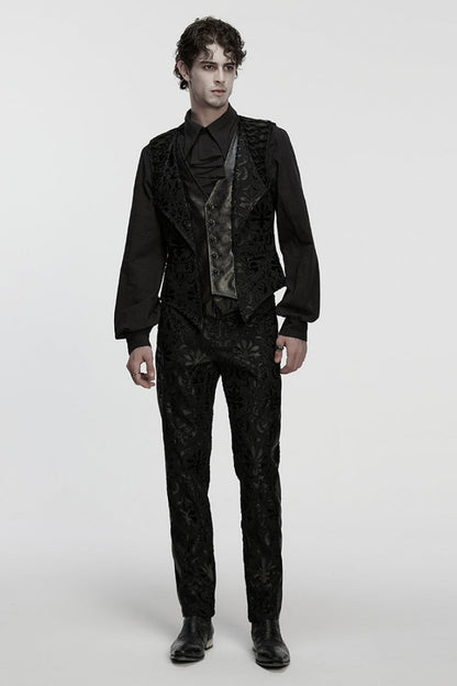 Black Long Sleeves V Collar Floral Embroidery Men's Gothic Vest