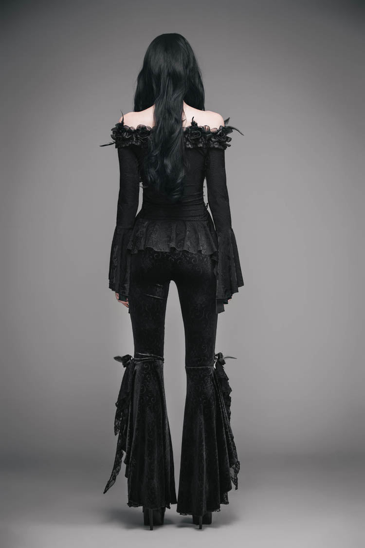 Black Knit One-Word Shoulder Rose Decoration Collar Waist Side Splice Lace Up Flare Sleeve Women's Gothic Shirt