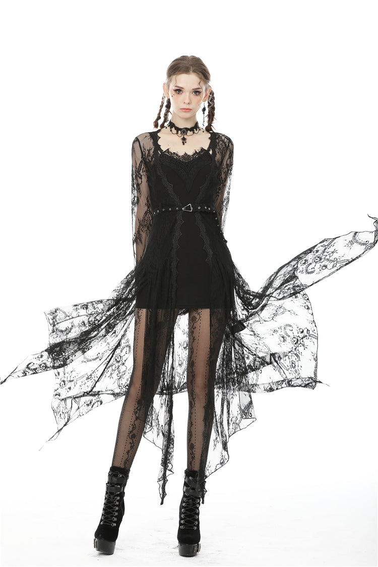 Black Long Trumpet Sleeves Sheer Floral Lace Women's Gothic Maxi Cloak with Belts