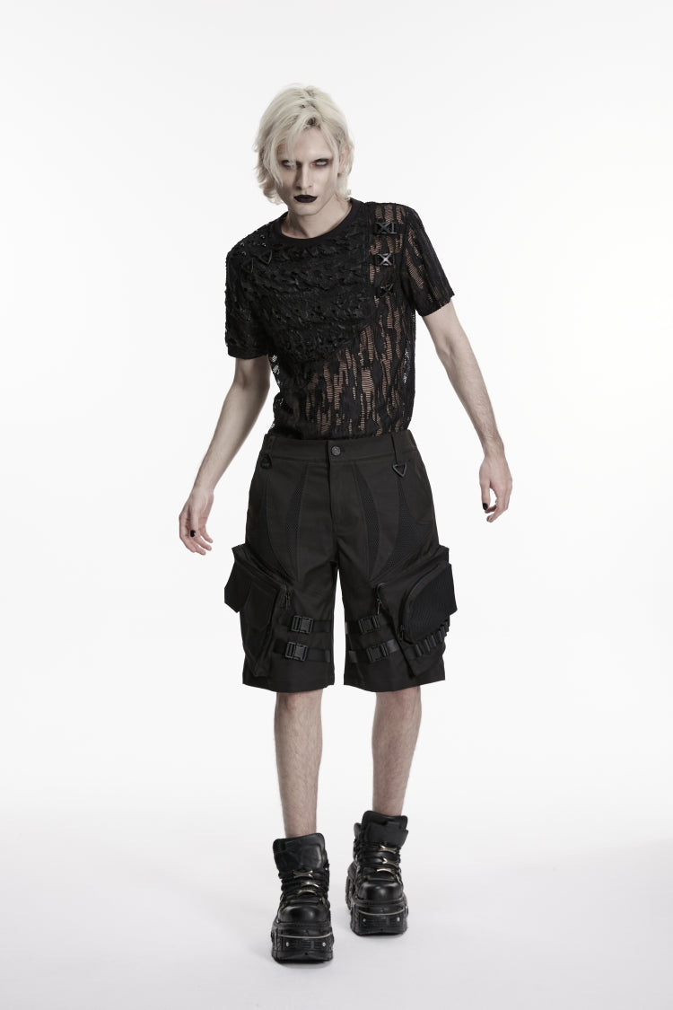 Black Buckled Men's Punk Cool Shorts with Big Pockets