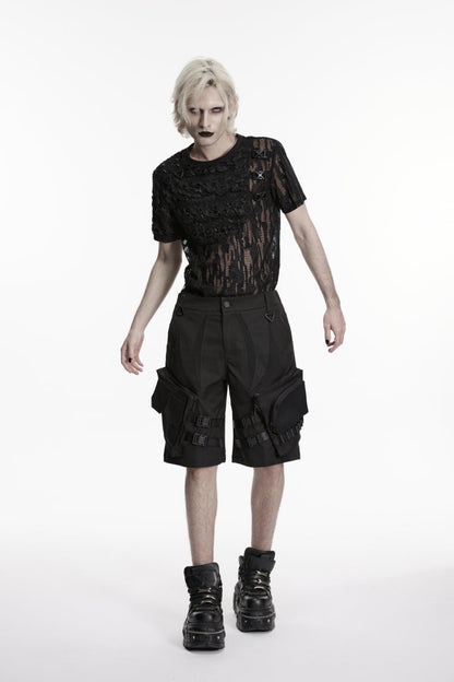 Black Buckled Men's Punk Cool Shorts with Big Pockets