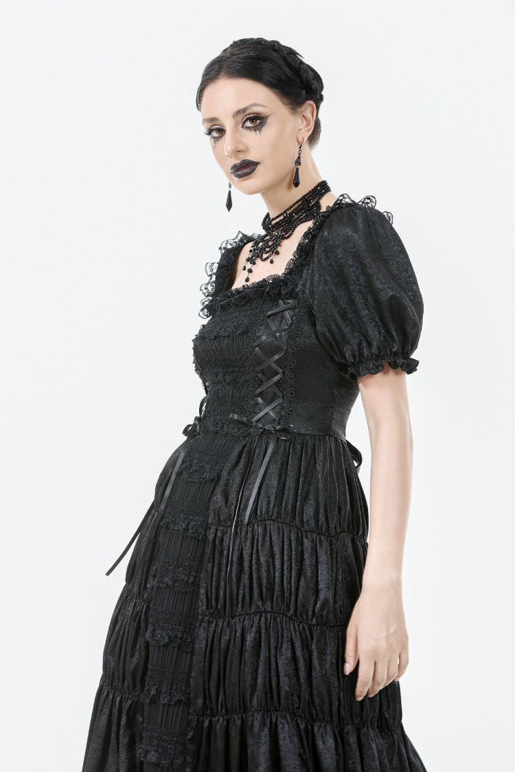 Black Lace Square Collar Short Puff Sleeves Lace-Up Ruched Women's Gothic Wedding Dress