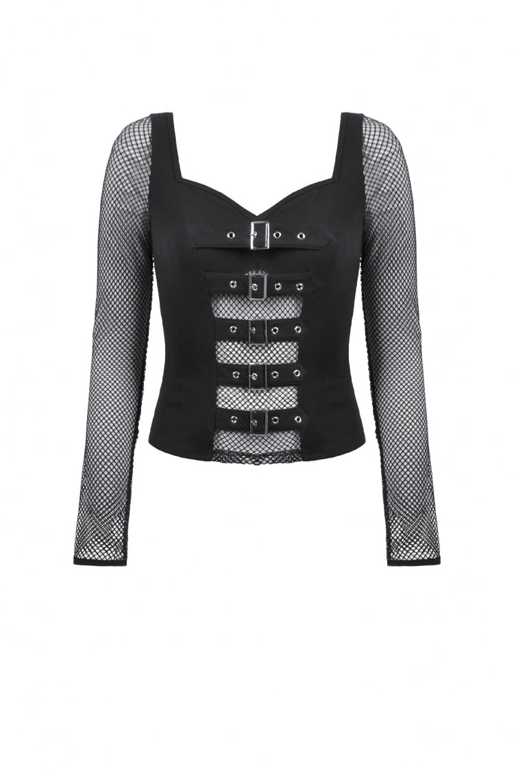 Black Mesh Spliced Long Sleeves Buckled Strap Eyelet Women's Punk Top