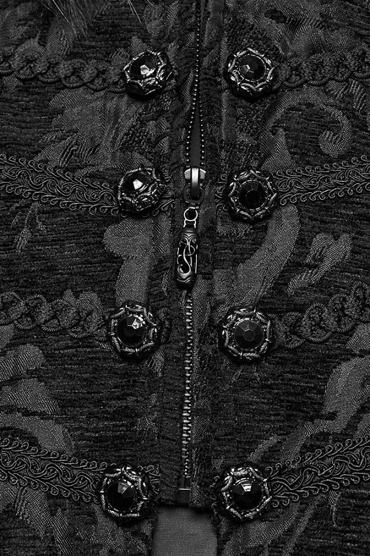 Black Fuax Fur Collar Long Sleeves Jacquard Zipper Men's Gothic Coat
