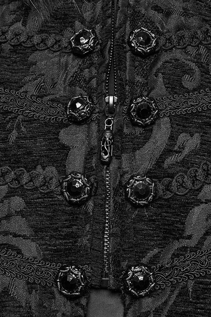 Black Fuax Fur Collar Long Sleeves Jacquard Zipper Men's Gothic Coat