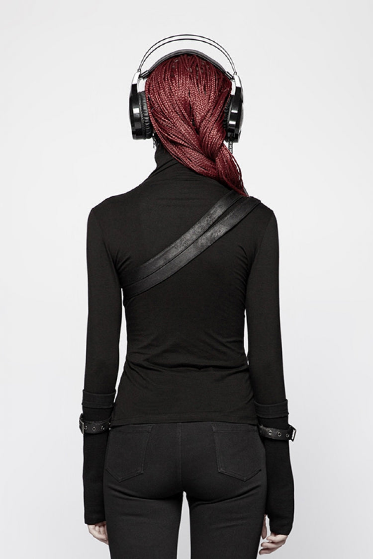 Black High Collar Long Sleeves Zipper Leather Buckle Women's Steampunk T-Shirt