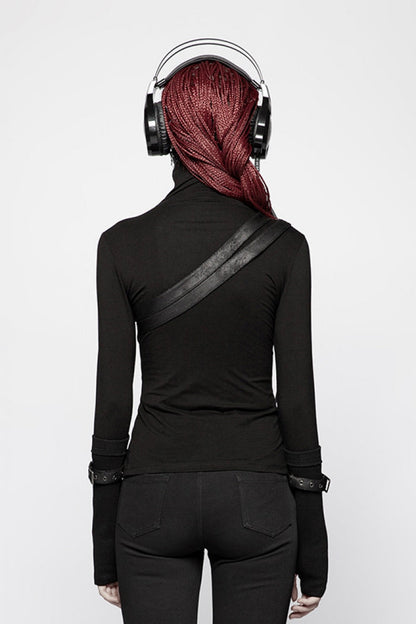 Black High Collar Long Sleeves Zipper Leather Buckle Women's Steampunk T-Shirt