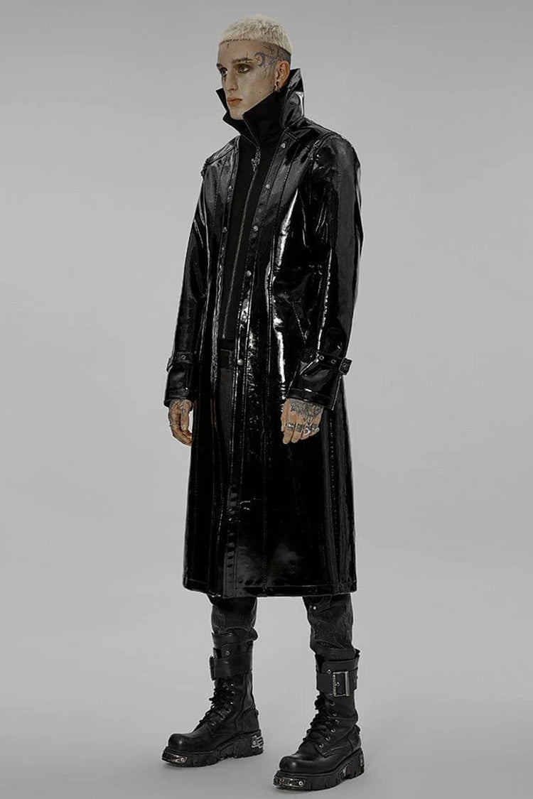 Black Dual Stand Collar Metal Buckle Patent Leather Stitching Mens Steampunk Coat