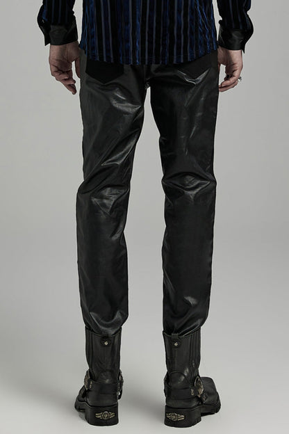 Black Faux Leather Stitching Zipper Men's Punk Pants