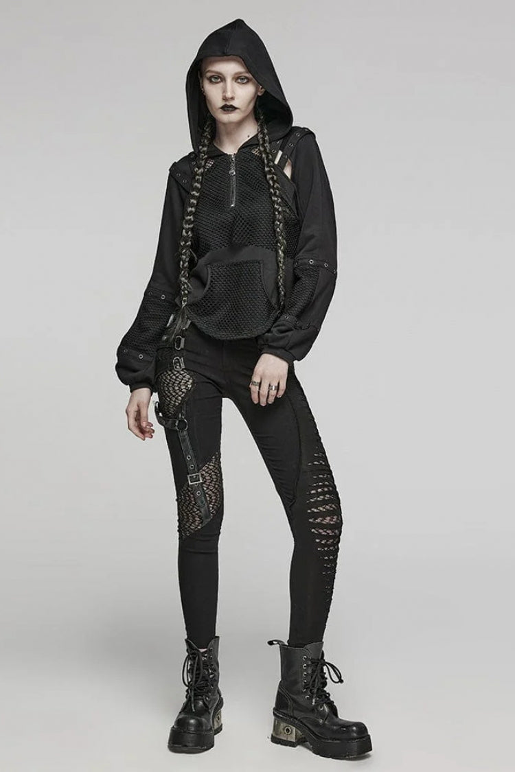 Black Long Sleeves Hollow Mesh Stitching Hooded Womens Steampunk Blouse