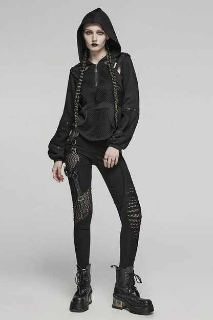 Black Long Sleeves Hollow Mesh Stitching Hooded Womens Steampunk Blouse