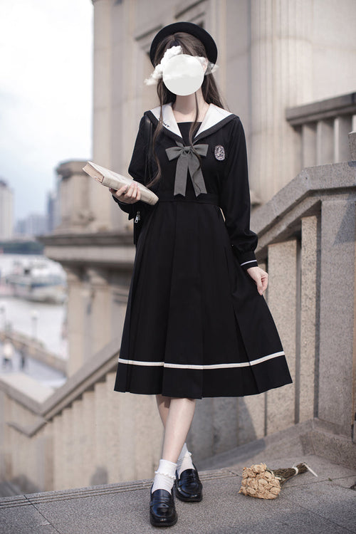 Black Navy Collar Long Sleeves Bowknot Sweet Japanese College Style Elegant Lolita Dress