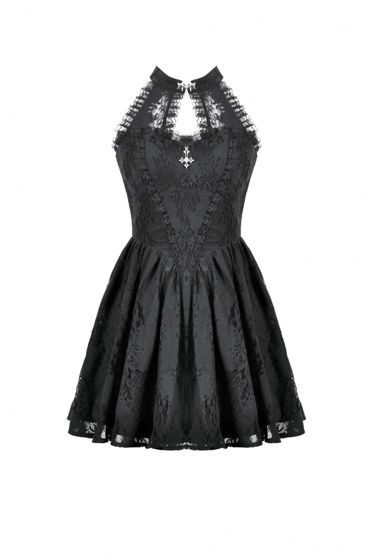 Black Off Shoulder Halterneck Sleeveless Lace Women's Gothic Short Dress