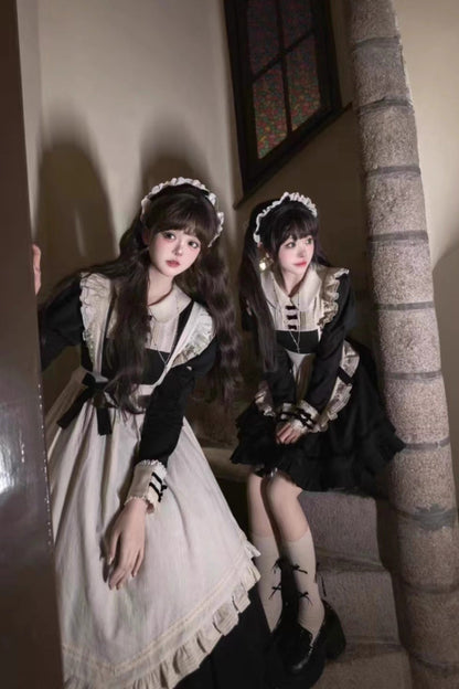 Black Maid Lapel Collar Short Sleeves Ruffle Sweet Classic Lolita Dress (Short or Long Version)