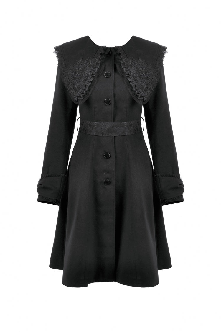 Black Floral Embroidered Peter Pan Collar Long Sleeves Bowknot Women's Gothic Coat