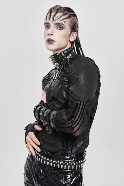 Black Long Sleeves Circuit Board Print Men's Punk Blouse